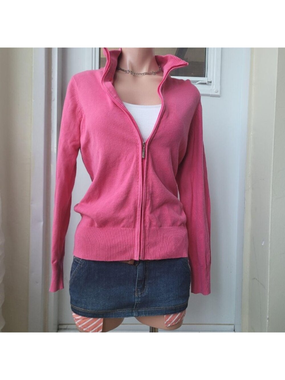 Hot Pink Cotton Knit Sporty Athleisure Zip Up Jersey Jacket (One Size)